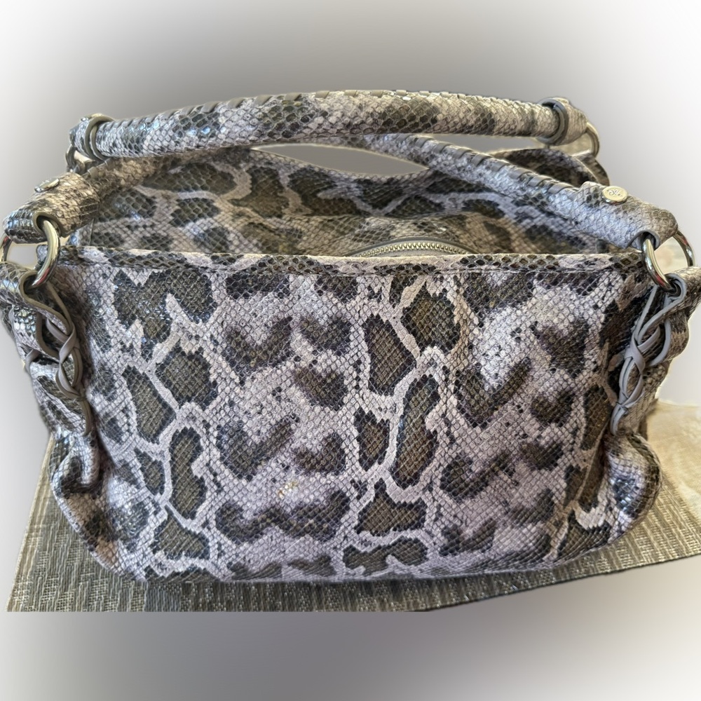 COLE HAAN Genuine Leather Snake Print Embossed Beige/Brown Satchel Shoulderbag - Picture 6 of 17